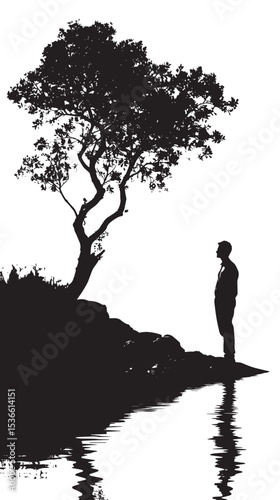 Silhouette of male at lake under tree isolated in White background