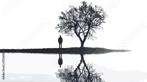 Silhouette of male at lake under tree isolated in White background