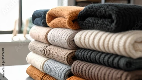 Close-up stack of folded knitted sweaters in varied earth-toned colors providing warm winter clothing options for cozy cold-weather dressing