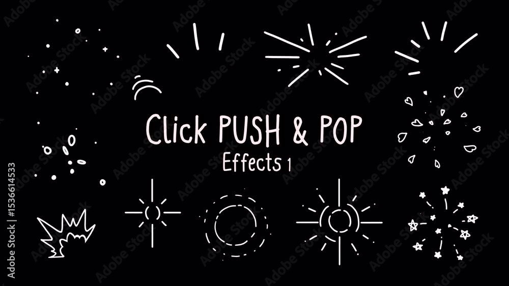 Set 1 of Click Push Pop line effects, circle burst ray, radiant, burst, stars, confetti, hearts, sparkle, Hand-drawn animation on a transparent background, alpha channel	
