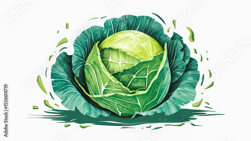 Vividly illustrated green cabbage emphasizes detailed textures, inner layers, and vibrant tones, symbolizing health, diet, and fresh produce.