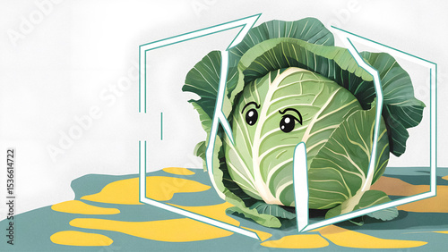 Delightful artwork of a cartoon cabbage with expressive eyes encased within artistic graphic elements.