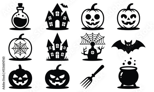 Halloween icons set black and white