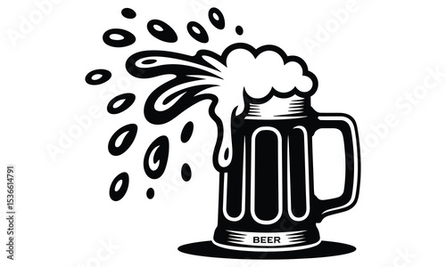 Black and white beer mug with splashing foam