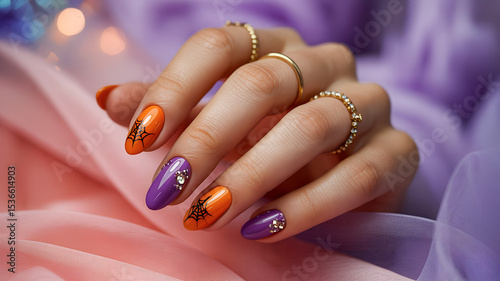 Elegant nail art showcasing orange and purple hues with spider web graphics, perfect for Halloween-themed styles.