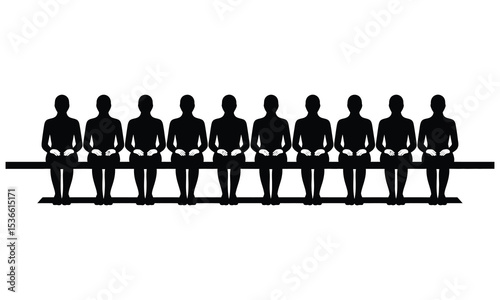 Eight silhouettes sitting on a bench in a row