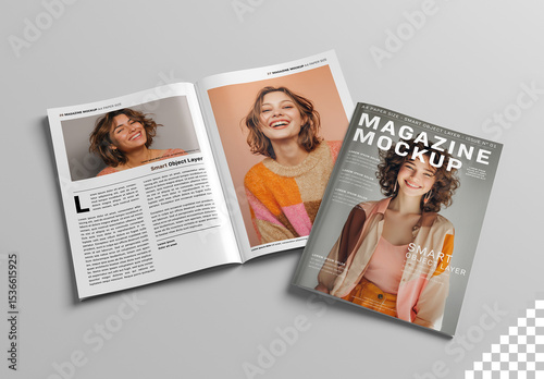 Isolated Magazine Cover and Open Magazine Mockup on White Background