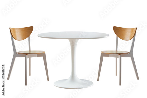 white round table and two chairs isolated on white background