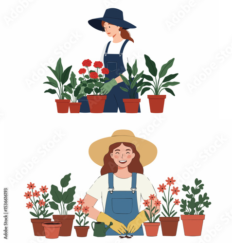 Happy Women Gardening and Caring for Potted Plants

