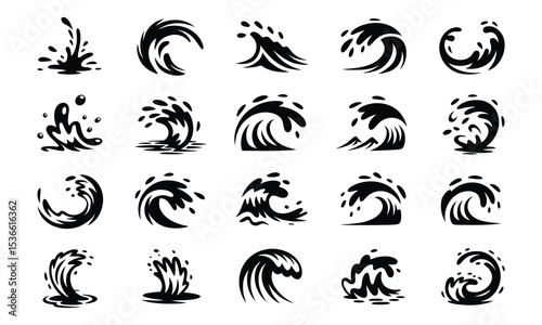 Collection of black wave icons and splashes
