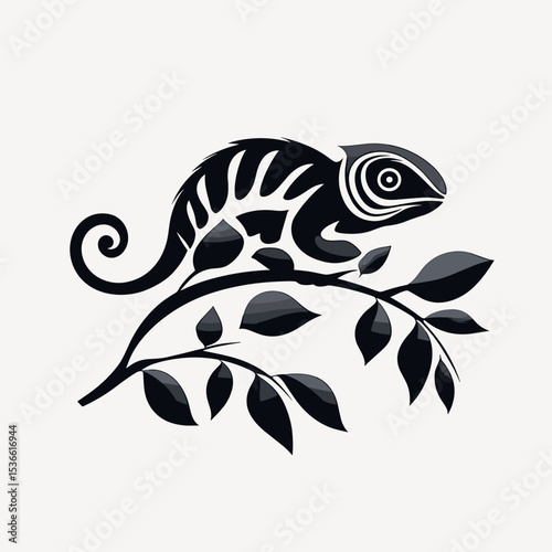  Stylized chameleon on leafy branch in black and white design
