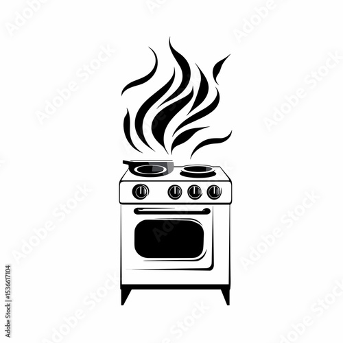 Stove with smoke rising in black and white illustration  