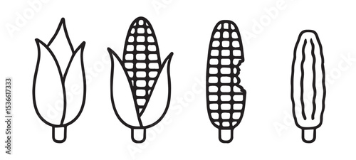 Minimal Line Art Vector Set of Corn Eating Stages on White Background
