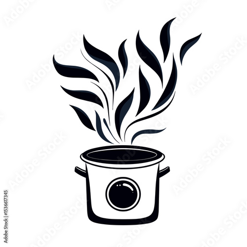 Cooking pot with stylized steam on white background