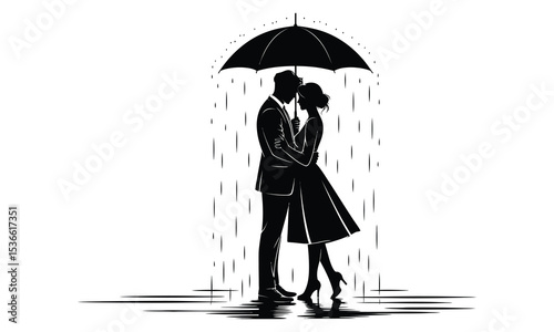 Romantic couple silhouette under umbrella in rain