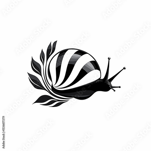 Abstract black and white snail illustration with floral design  