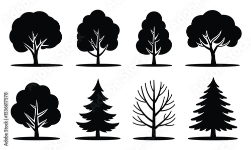 Eight black silhouette trees set illustration