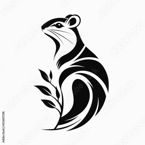 Stylized black and white illustration of a ferret with leaves  