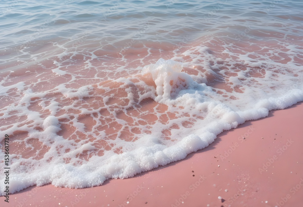 Fototapeta premium Pink Sand Beach with Soft Waves and Gentle Foam – Dreamy Coastal Landscape