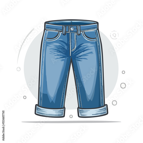 Cartoon illustration of Denim Capri Pants with light wash and cuffed hems on gray circle with black background