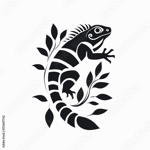 Black lizard illustration surrounded by leaves in tribal style  
