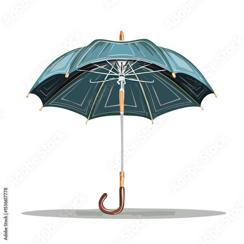 Isolated teal open umbrella with a curved brown handle and a white shaft on a black background