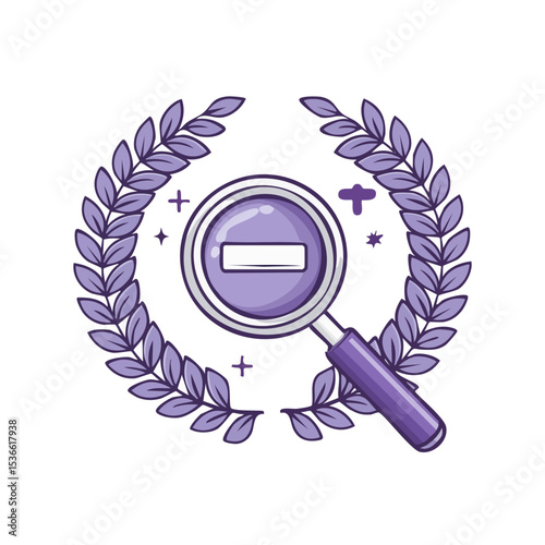 Magnifying glass zooming out with minus symbol in leaf wreath simple concept vector illustration, decreasing or reducing search