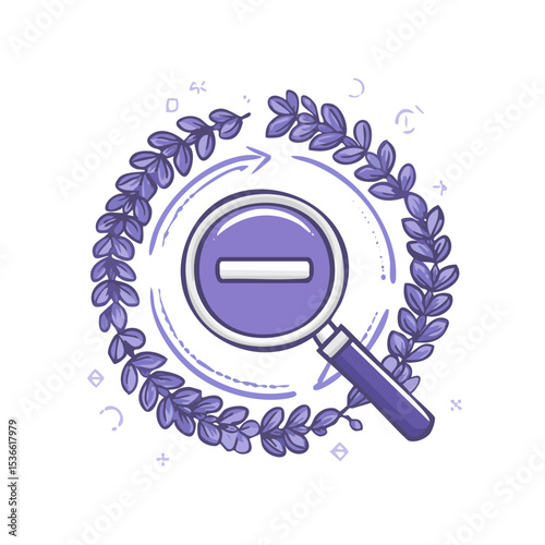 Magnifying glass with minus symbol wreath in lavender color reduction concept isolated on black background minimal illustration decreasing trend