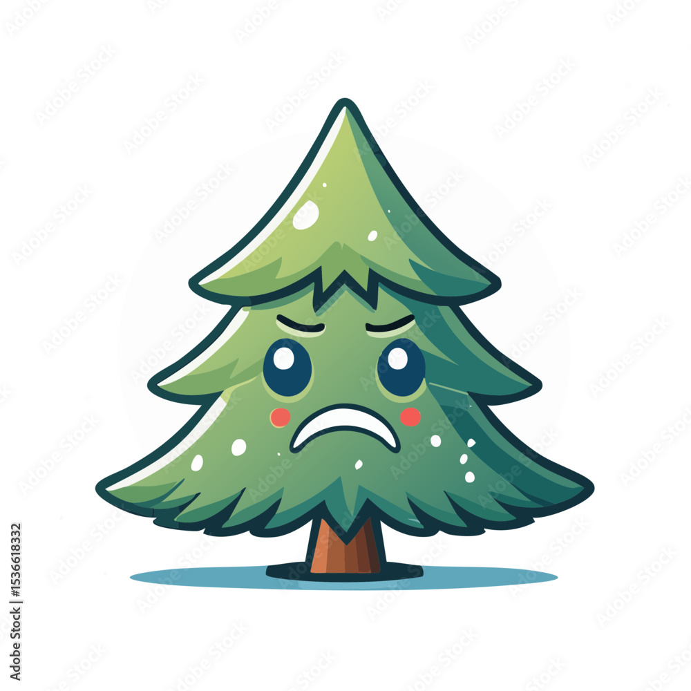 Fototapeta premium Cartoon Christmas tree with sad face isolated on black winter background cute tree emotions xmas graphic design vector illustration