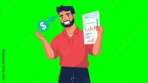 Cartoon Businessman Showing Profit Report, Animated Financial Concept, green background.