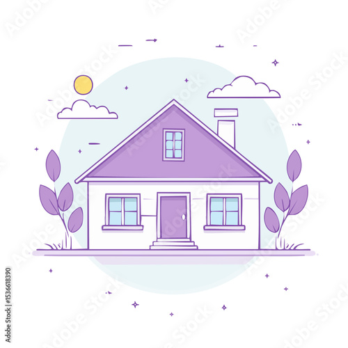 Cozy Home Illustration with Pastel Colors and Simple Design Under Yellow Sun with Clouds and Stars for Family Living