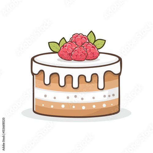 Cartoon cake with white frosting and fresh raspberries dessert for celebration bakery item for birthday party sweet treat vector illustration