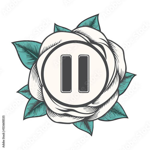 Floral pause symbol icon for video music audio in a stylized rose illustration with leaves on a black backdrop for print media design