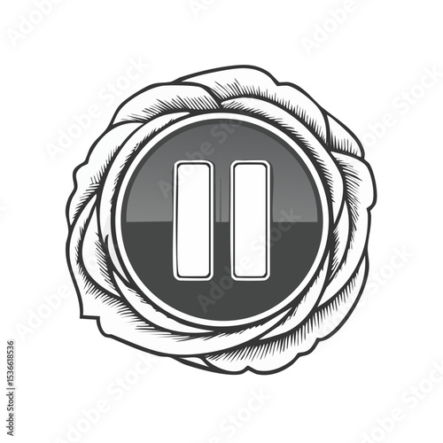 Pause button in an ornate frame with vector style design and grey color palette stop play or suspend media symbol