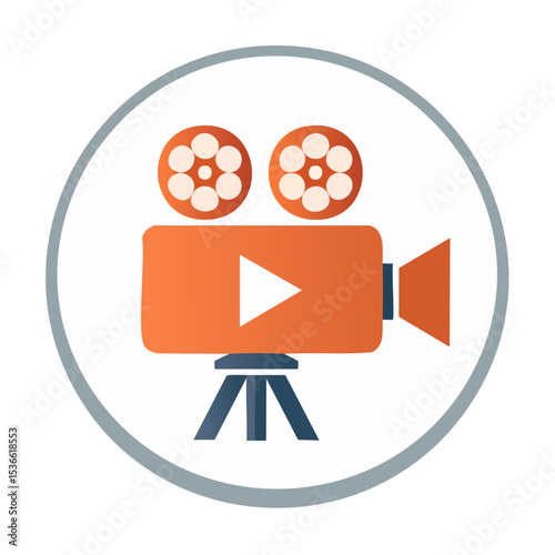 Vintage Film Camera Graphic on Stand Promoting Cinema Technology and Media Production
