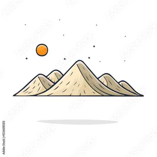Mountains Under a Starry Night Sky with a Full Moon Cartoon Landscape Illustration