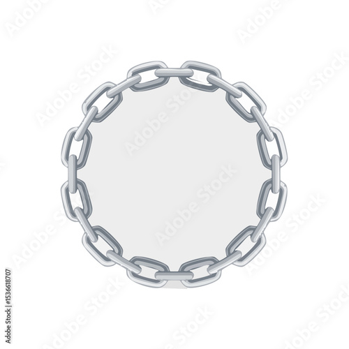 Metal chain links arranged in a circle, with a blank gray area in the center, on a black background.