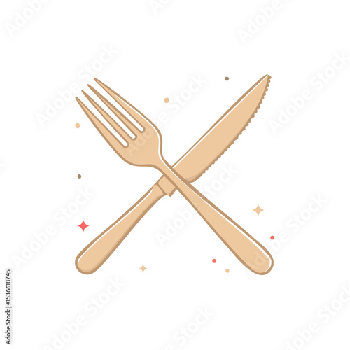 Crossed fork and knife illustration on black with sparkling elements for culinary or restaurant theme visuals.