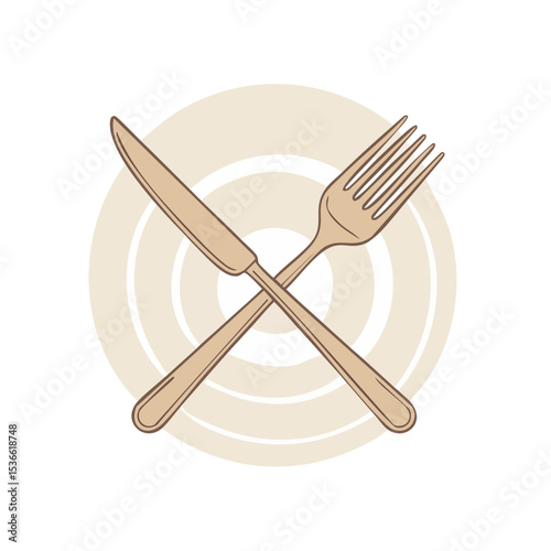 Dinner plate with crossed knife and fork flat vector illustration, restaurant table setting graphic