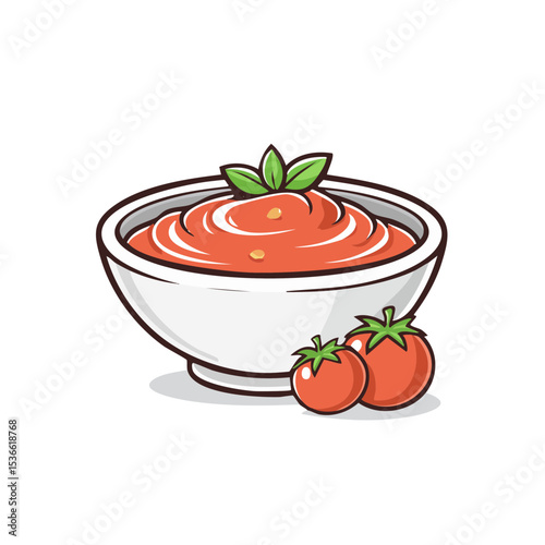 Tomato sauce in bowl with tomatoes and basil leaves cartoon illustration vibrant colorful food ingredients cooking preparation freshness