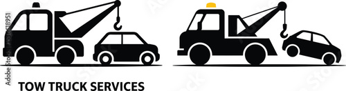 Tow Truck Service Vector Illustration with Black Silhouettes of Trucks and Cars
