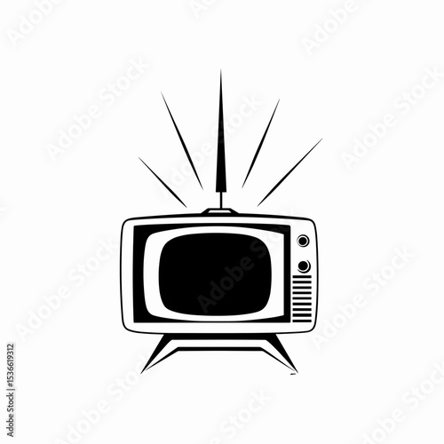 Vintage television with antenna and broadcasting lines in black and white  