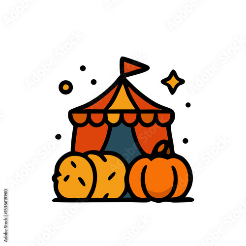 A fall-themed carnival tent surrounded by pumpkins, representing seasonal events, fun, and community gatherings.