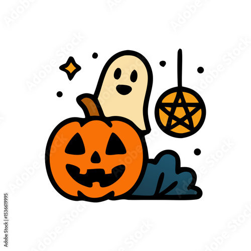 A cheerful Halloween-themed icon featuring a carved jack-o'-lantern, ghost, and spooky decoration.
