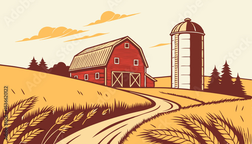 Red barn with silo and golden wheat field rural farm landscape vector illustration          