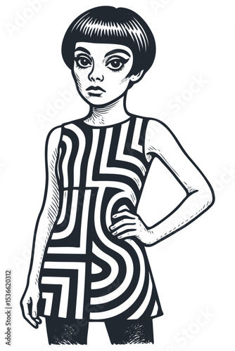 Retro linocut vector: Stylish young woman with a 60s mod haircut and geometric print dress. Monochrome graphic art, vintage fashion portrait.