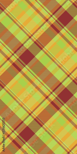 Vibrant diagonal plaid pattern in lime green, orange, and maroon.  Perfect for textile design, website backgrounds, or fashion projects.