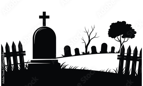 Silhouette of a graveyard with cross and fences