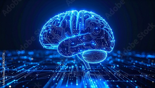Create a mesmerizing visual of blue lights simulating the synapses of the human brain. Human brain on a color technological background surrounded by information fields, neural networks, AI Generated 