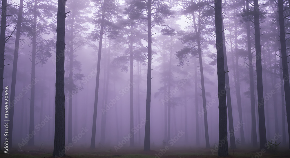 Obraz premium Mystical Forest in Haze: An ethereal forest bathed in a soft, mysterious haze, creates an atmosphere of serene tranquility and hidden beauty, ideal for a sense of awe and wonder.